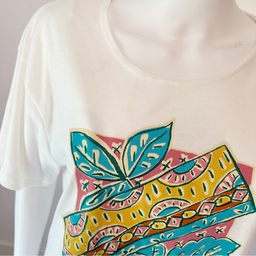 VINTAGE Mervyns Partners weiß pink türkis Blumen Sonnenblumen T-Shirt Large neu mit Etikett - Bild 3 von 8