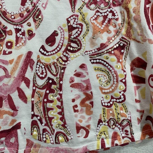 Chico’s Red Yellow Hidden Elephant Paisleys Embellished Size 1 T Shirt Top EUC - Picture 2 of 17