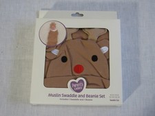 NEW Parent's Choice Brown Reindeer Muslin Swaddle and Beanie Set, 40 x 40"