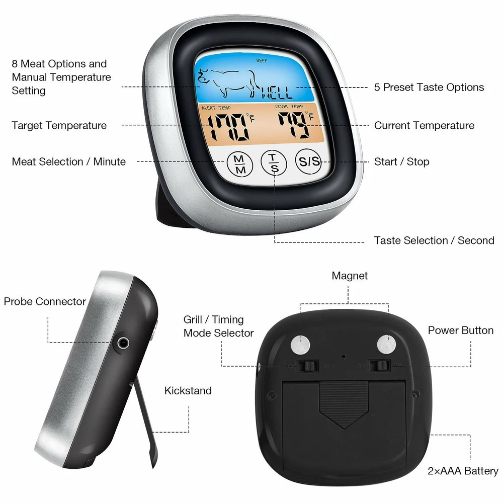 Digital Meat Thermometer,color Instant Read Timer Alarm Cooking Steak Smoker BBQ
