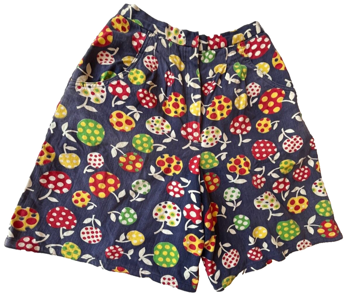 Vintage 1970s Womens Shorts Size Small Polka Dot Fruit High Waisted Groovy Blue