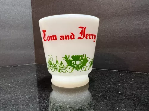 Hazel Atlas Vintage Red Green Milk Glass Tom and Jerry Carriage Mug Cup