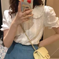 Sweet Style Womens Short Puff Sleeve Button Up Summer Tops Fashion Ladies Korean