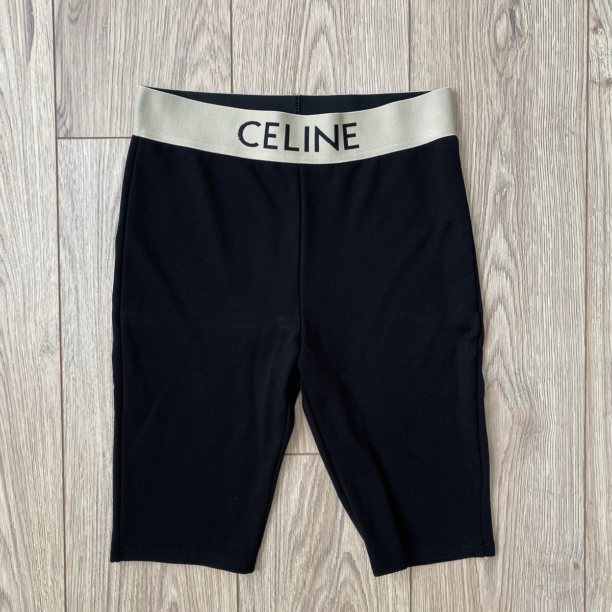 新品タグ付きCarette Belted Twill Shorts ベルト付 Céline Knit Logo Biker Shorts in Black / Cream, Size Medium