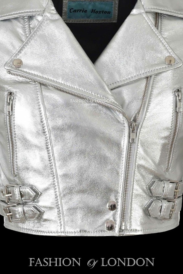 PROVOCATIVE Cropped Ladies Leather Jacket Silver Biker Rock Style Short ...