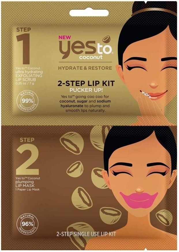 YES TO COCONUT 2 STEP LIP KIT PUCKER UP! EXFOLIATING LIP SCRUB & PAPER LIP MASK