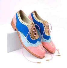 Handmade Women Multi Tone Wing Tip Leather Suede Brogue Dress Lace Up Shoes