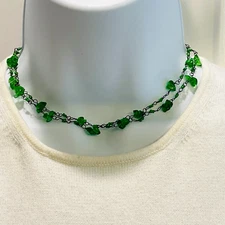 EUC 2-Strand ZAD Choker/Necklace, Green Chip/Bead, Cable Chain, 14" L+ 2" (1of2)