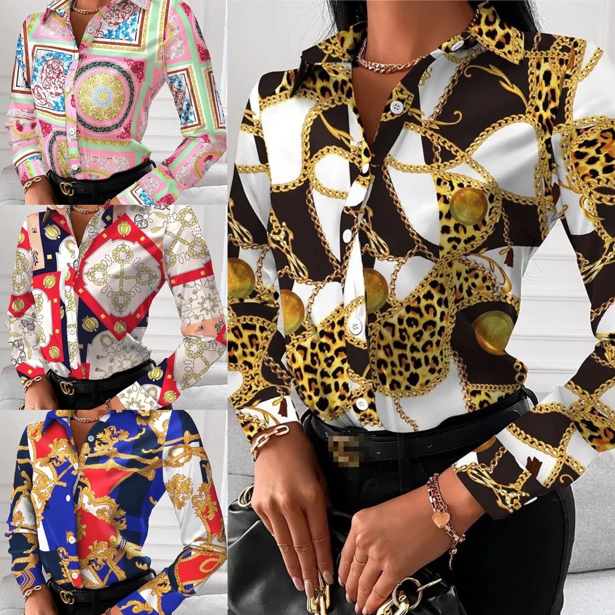 Womens Ladies Blouse Printed Designer Shirts Full Sleeves Luxury Occasionwear