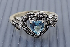 Vintage Sterling Silver Blue Topaz Heart band Ring size 9