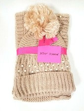 BETSEY JOHNSON 2 PC SET BLUSH,PINK BEANIE+SNOOD+PEARL BEADS KNITTED BOWLER HAT