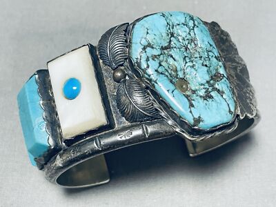 ONE OF MOST UNIQUE EVER VINTAGE NAVAJO INLAY TURQUOISE STERLING SILVER BRACELET