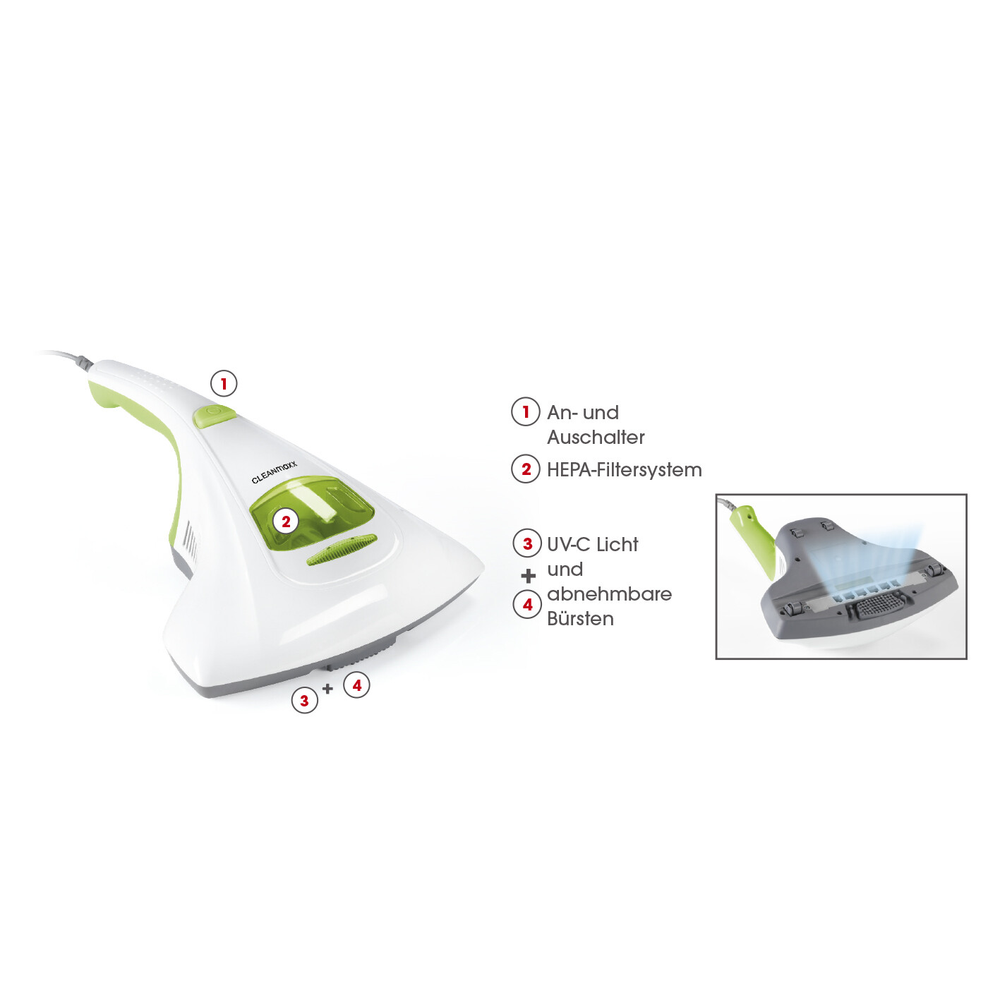 maxVitalis mijten handstofzuiger UV-C licht, sterilisatie en reiniging