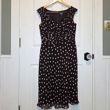 Vtg Adrianna Papell 12 Brown Polka Dot Silk V Neck Fit Flare Midi Dress Retro