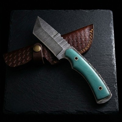 Damascus Tanto Knife Custom Handmade Teal G10 Handle Bushcraft EDC Survival