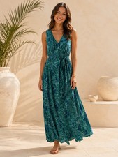 La’ Ros Women’s Leaf Print Maxi Dress Sz Small Side Slits V-Neck Resort Wear