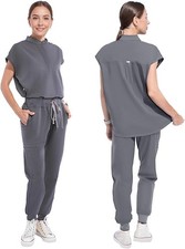 Scrubs Set for Women Nurse Stand Collar Uniform Suit Top Joggers Pants Dark Grey