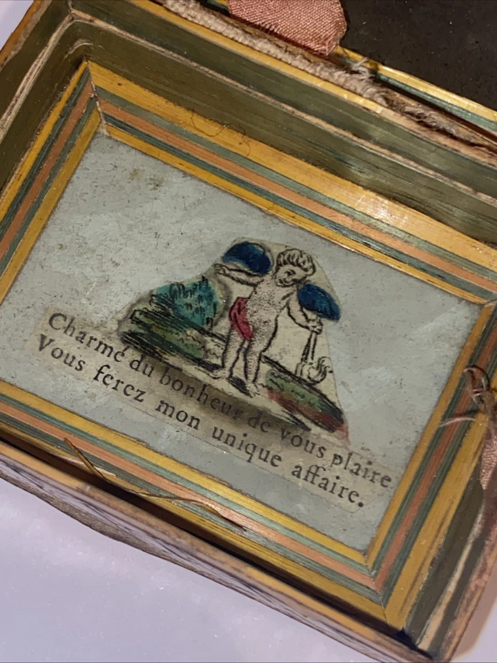 BOITE ANCIENNE en MARQUETERIE DE PAILLE miroir peinture intérieure - Photo 4/4