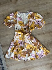 Nine West Floral Fit & Flare Puff Sleeve Dress Yellow Pink Brown White