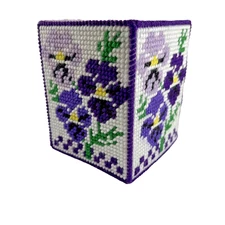 Vtg ESTATE Handmade Needlepoint Pansy's Floral Tissue Box Cover NICE!
