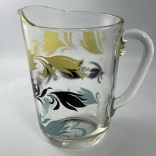 Vintage Hazel Atlas Art Deco Floral Juice Pitcher 6.5" Yellow Black Aqua