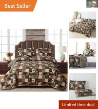 Reversible Lodge Plaid Moose Bear Quilt King Size - Rustic Bedding Set