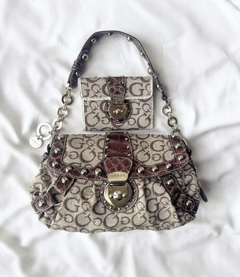 Vintage Guess Y2K Shoulder Bag Brown Monogram Leather 2000 Edgy Grunge RARE 90