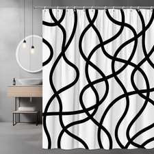 Modern Black and White Shower Curtain with Wavy Lines Design