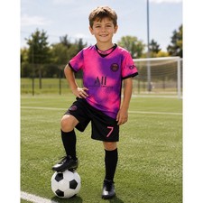 Paris Saint-Germain Mbappe 7 Kids Soccer Kit Pink Purple Jersey Shorts Set 26
