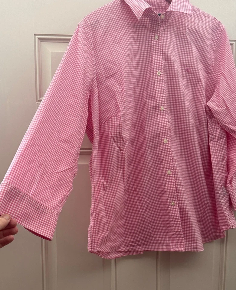 Camisa feminina Ralph Lauren xadrez rosa com botões tamanho 1x com mangas 3/4 - Imagem 3 de 4