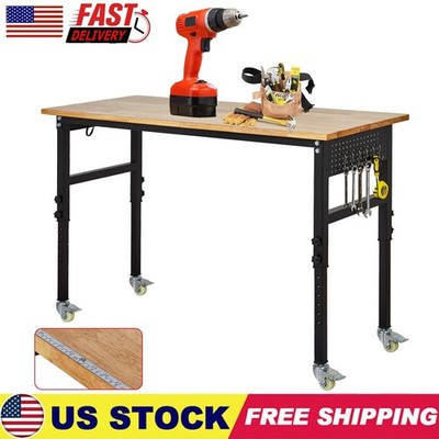 Heavy-Duty 60''x24'' Adjustable Height Workbench Rubber Wood Top W/Power Outlets
