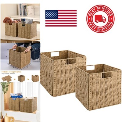 Natural Wicker Storage Baskets Set of 2 9 Inch Foldable Organizers for Shelves