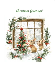 Christmas cards Bunnies Rabbits  w tree & garland  10  boxed with envelopes GX4