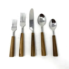 Anthropologie Lanai Sky 5-Piece Flatware Set Wooden Handle Fork Knife Spoon