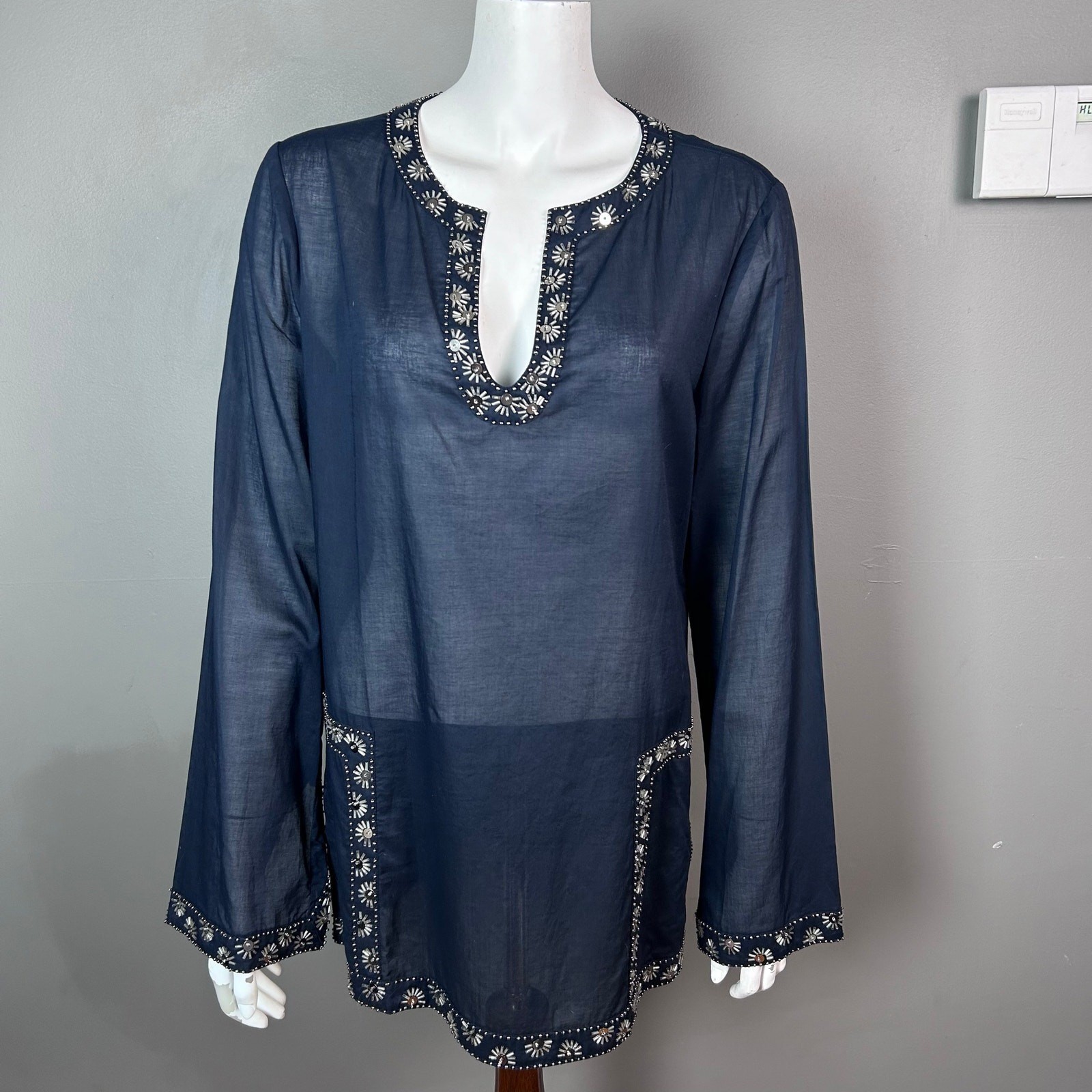 Tory Burch top tunic size 14 NWT blue beaded cotton India boho minimalist