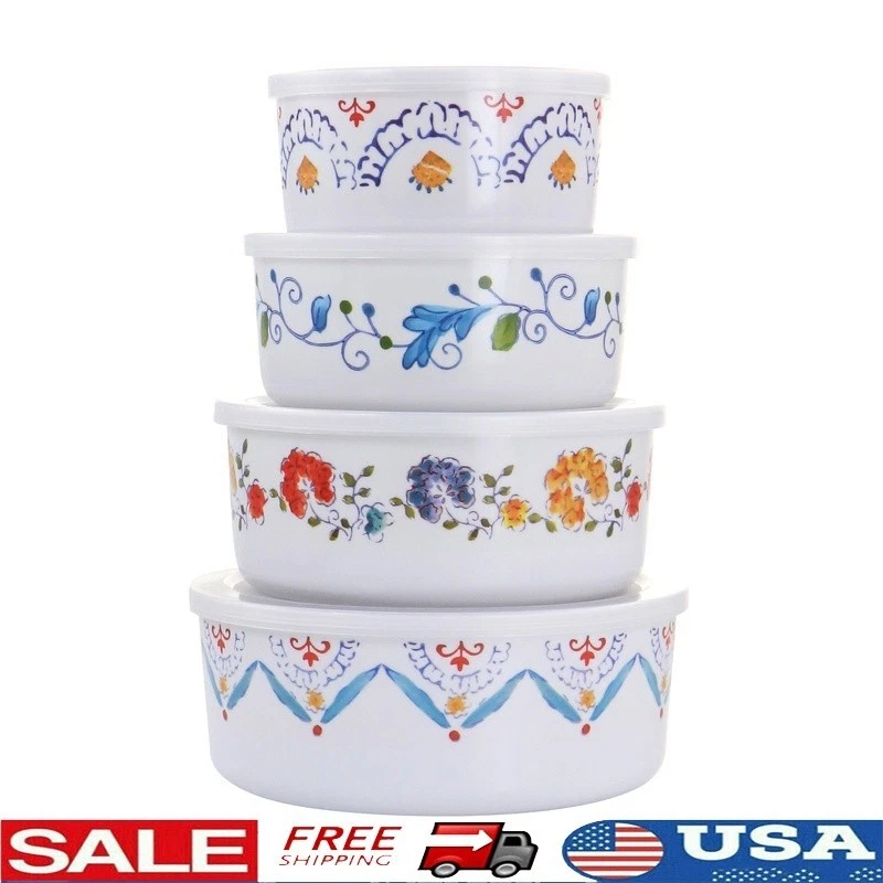 8 Piece Floral Nesting Food Storage Set W/ Reusable Plastic Containers New