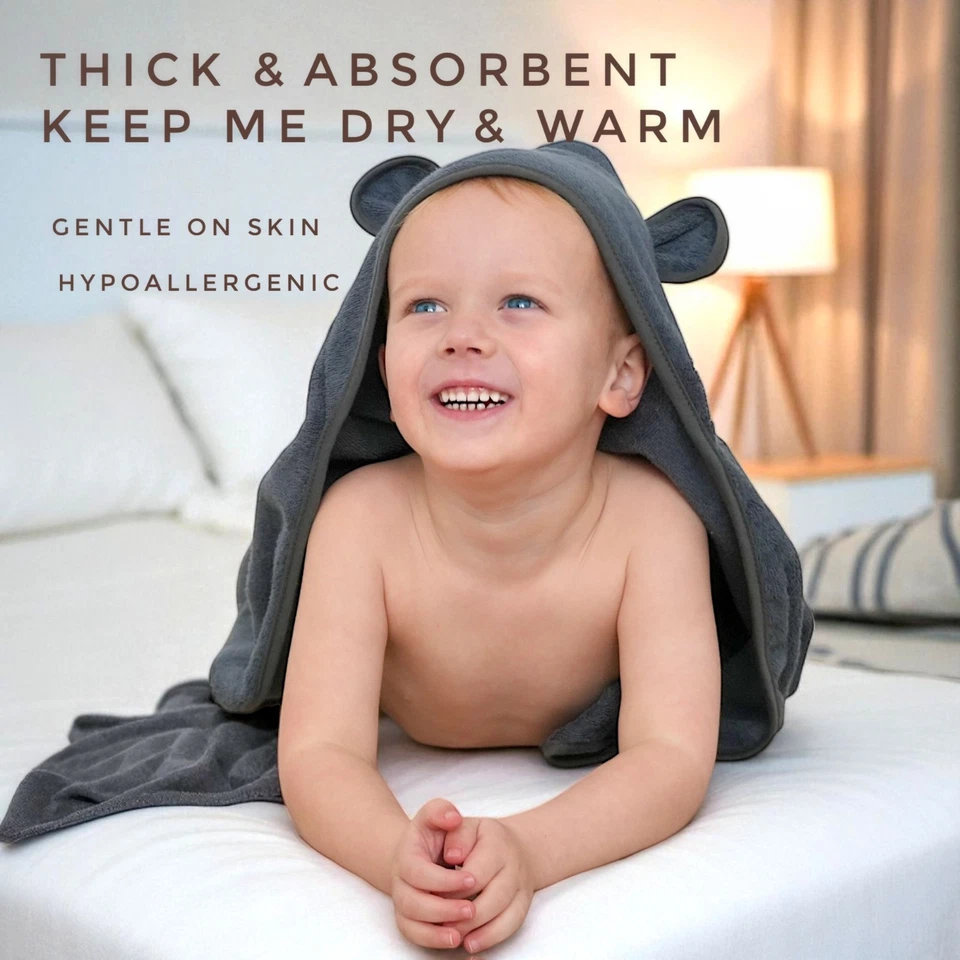 Toalla de algodón orgánico para niños y niñas 0-5T, toallas de baño con orejas de oso Foto 4 de 4