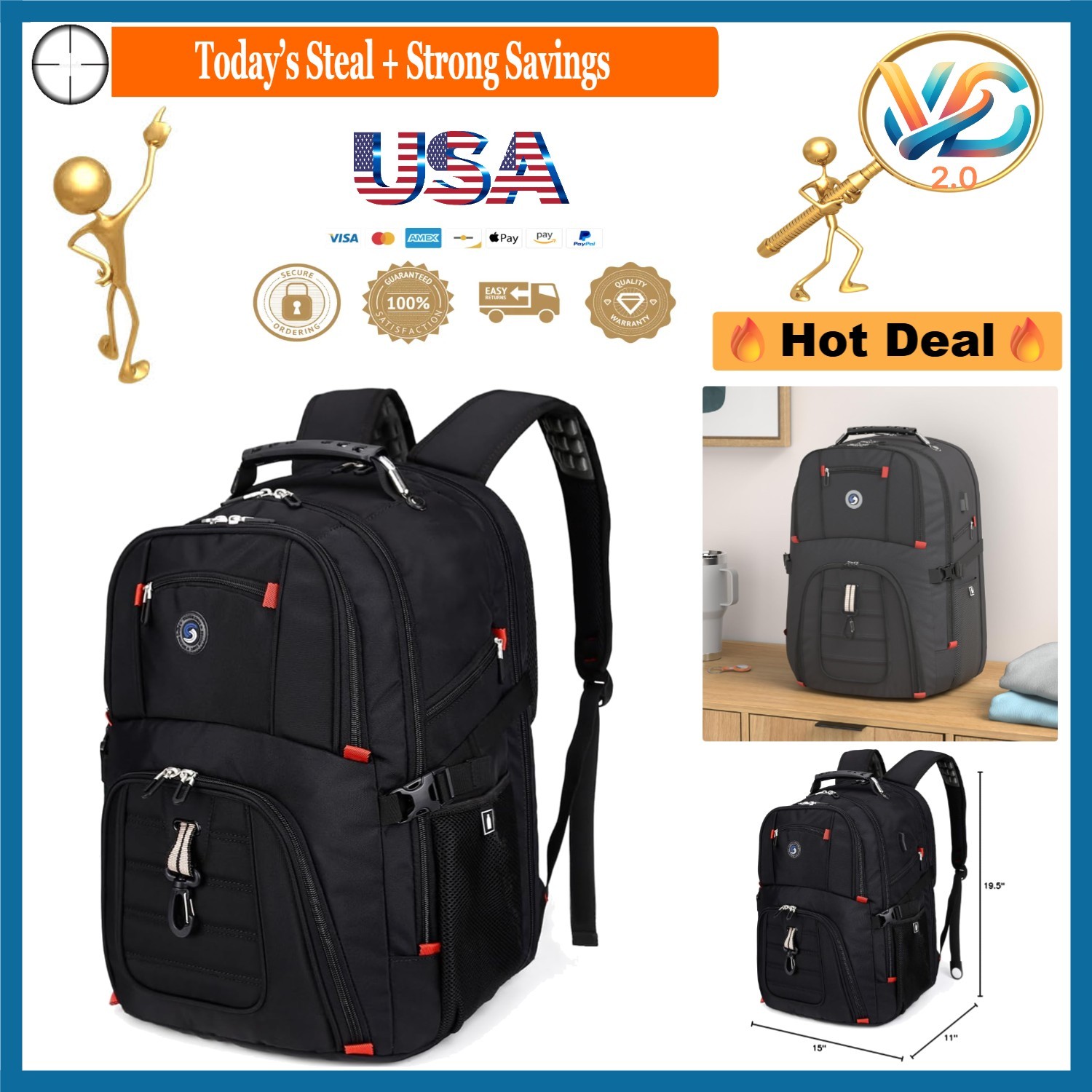 With Lock 50l Fits 17-inch Laptops Men Women Black