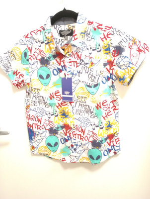 Eighty Eight Shirt Boys 10/12 White Colorful Alien UFO Graffiti Short Sleeve