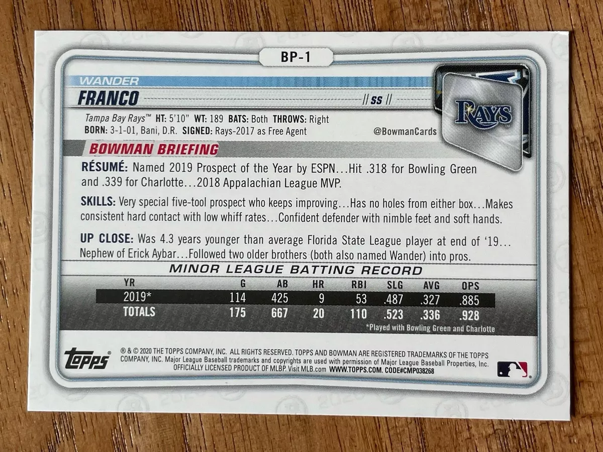 2020 BOWMAN BASEBALL WANDER FRANCO PROSPECT CARD No.1 Tampa Bay Rays