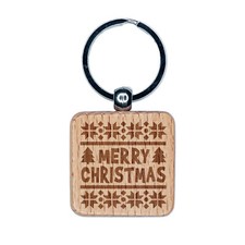 Merry Christmas Sweater Style Engraved Wood Square Keychain Tag Charm
