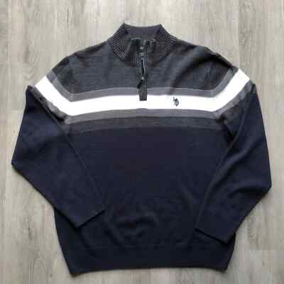 US Polo Assn Sweater Mens Size Large Navy White Stripe 1/4 Zip Pullover Shirt