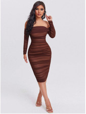 Chocolate Brown SXY Ruched Off Shoulder Mesh Bodycon Dress Sz XS S M L XL