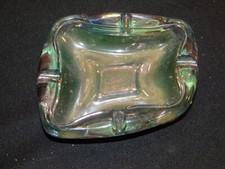 Vintage Iridescent Curved Rectangular Carnival Glass? Ashtray Green Emerald, EUC