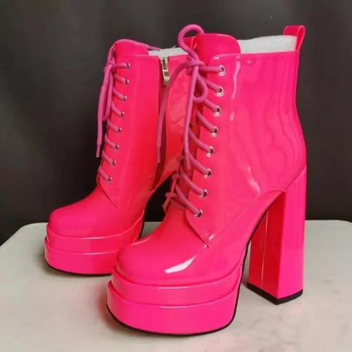 Women Patent Leather Platform Ankle Boots Square Toe High Chunky Heels Shoes - Picture 19 of 29