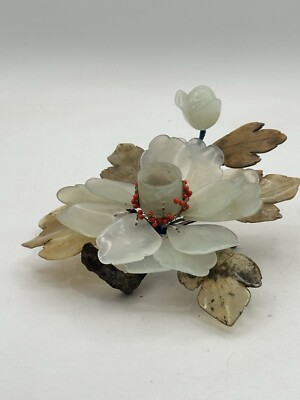 Chinese Green Jade Candle Holder Hand Carved Peony Or Lotus Flower And Leaves