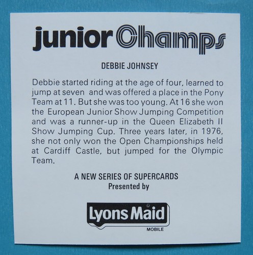 1983 Lyons Maid "Junior Champs"  Card:  DEBBIE JOHNSEY  (Show Jumping) - Picture 2 of 2