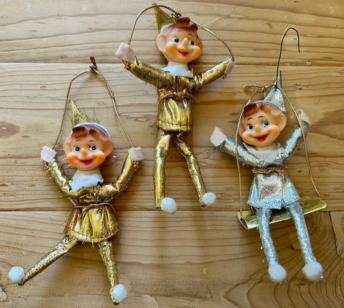 3 Vintage MCM Japan Christmas Knee Hugger 7” Tall Elf Pixie On Swing Ornaments