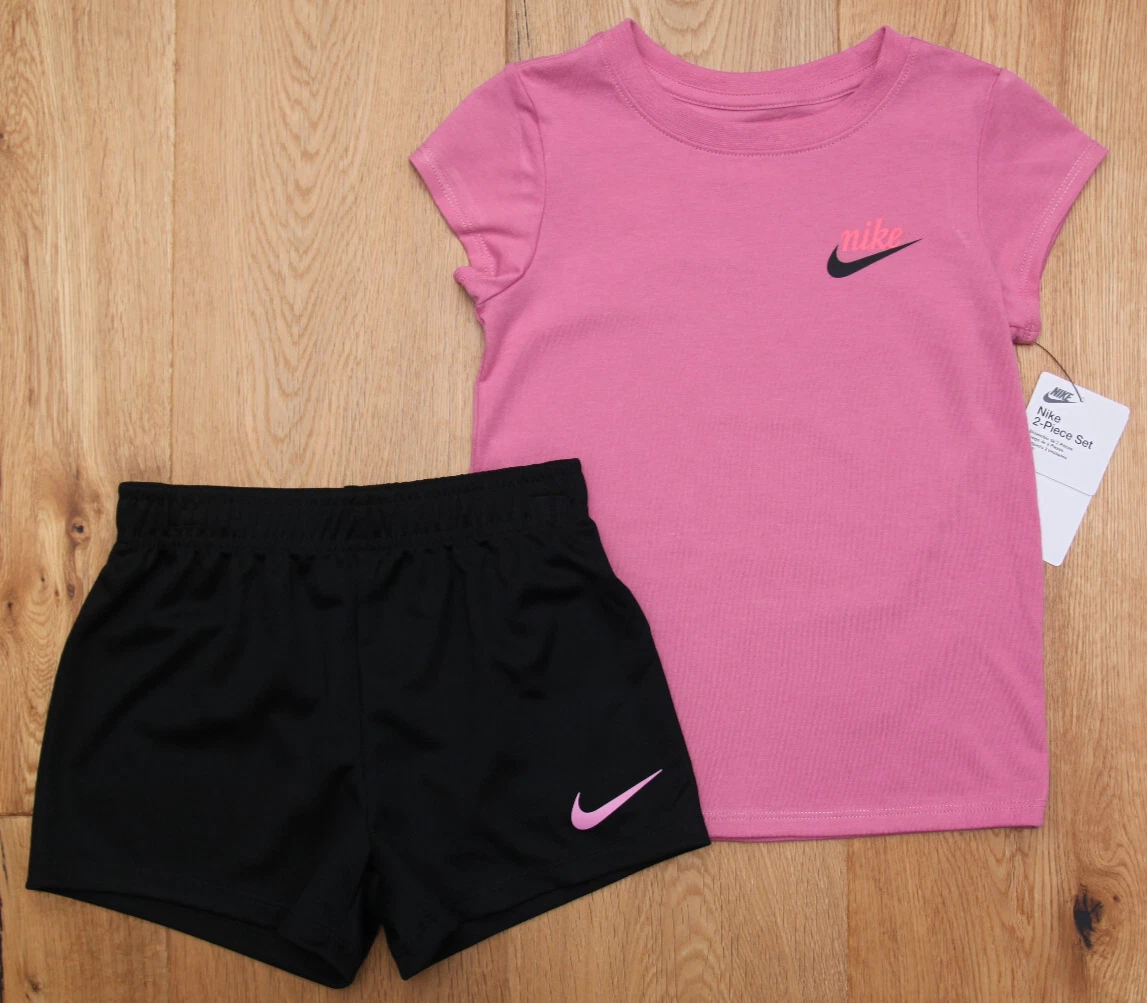Nike Baby Girl T-Shirt & Shorts Set ~ Pink, Black & Neon Orange ~ 24 Months