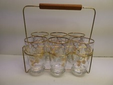 VINTAGE 1960s SET OF 6 GLASS TUMBLERS & STAND GILT LEAF DECORATED
